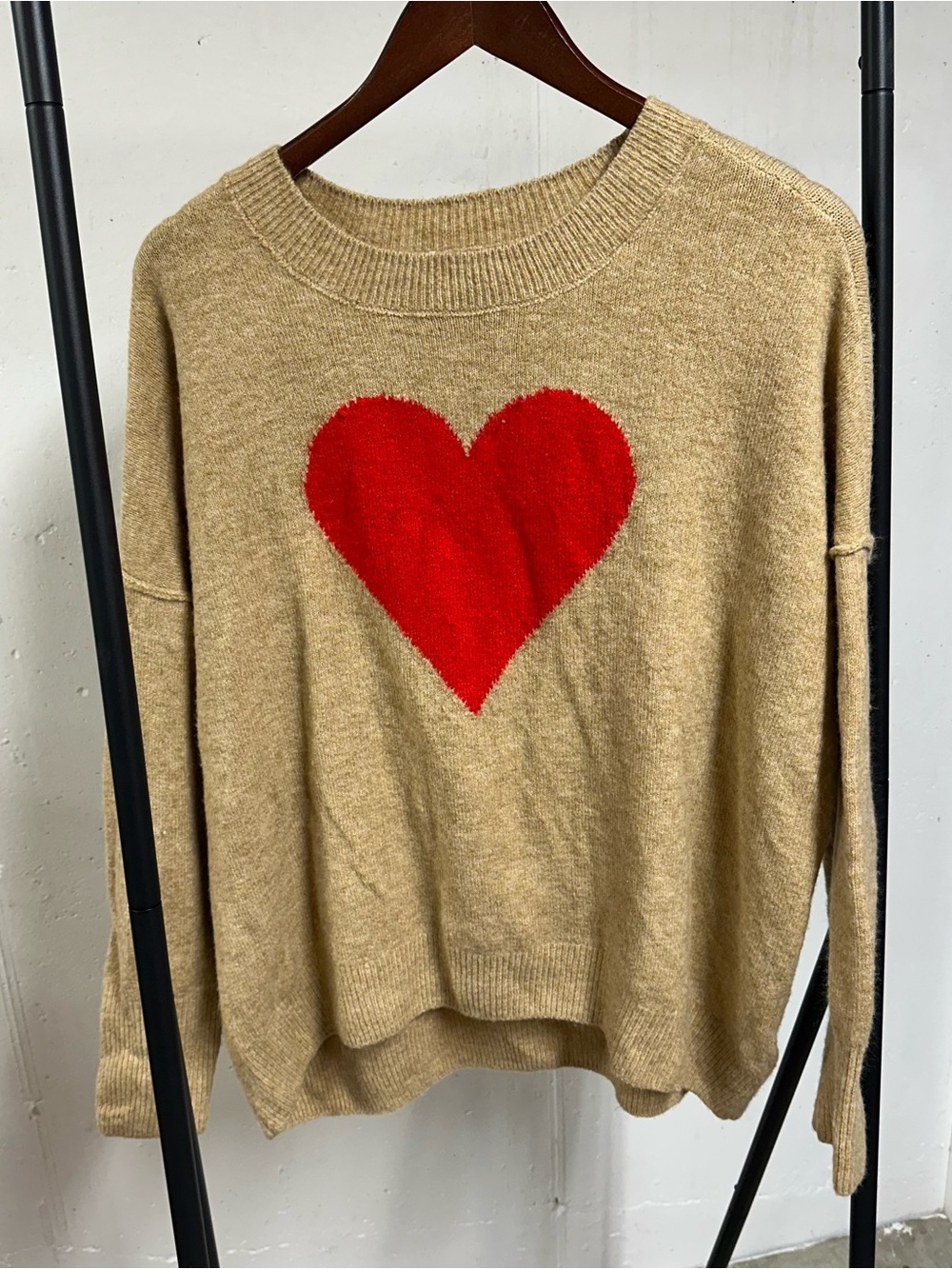 Vince Camuto Tan Crewneck Sweater with Red Heart
